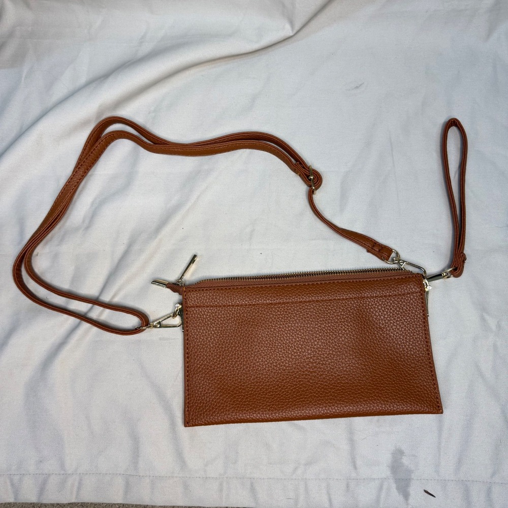 Cognac Brown Pebbled Vegan Leather Crossbody Bag Gold Hardware Multi Compartment